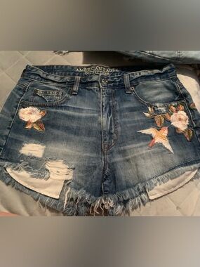 American Eagle Blue Distressed Denim Shorts with Floral Embroidery